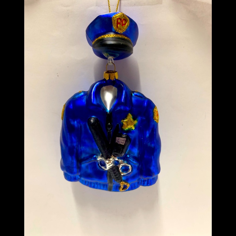 Glass police jacket hat blue Christmas ornament policeman uniform